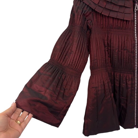 Jerry T Womens Pleated Burgundy Jacket With Unique Collar & Flared Sleeves Size - Picture 4 of 12